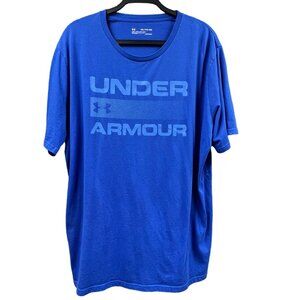 Under Armour HeatGear T-Shirt Mens 2XL Blue Graphic Spellout Loose Fit Pullover